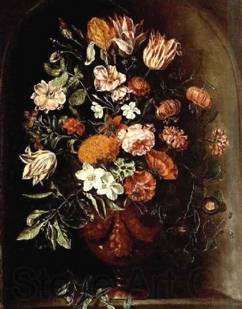 unknow artist A still life with tulips, roses, a red turban cup lily, auricula, jasmin, an iris, carnations and other flowers in a vase, all in a stone niche. Spain oil painting art